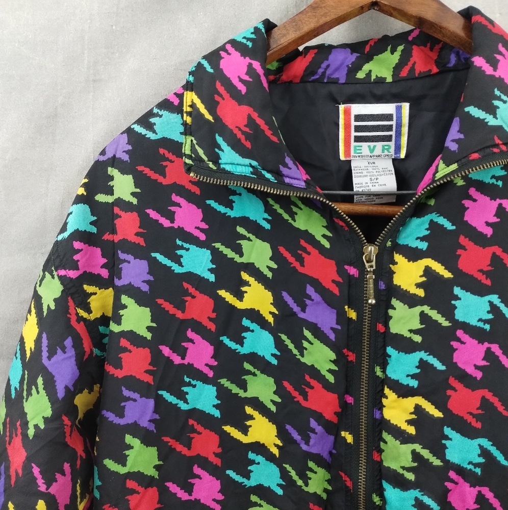 Vintage 90s EVR Div Rousso Silk Bomber Jacket Houndtooth Check Women's Small